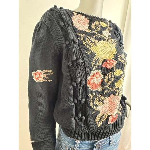 Liz Claiborne Collection Sweaters - Vintage 90s Liz Claiborne Hand Knit Floral Puff Sleeve Whimsygoth Sweater S